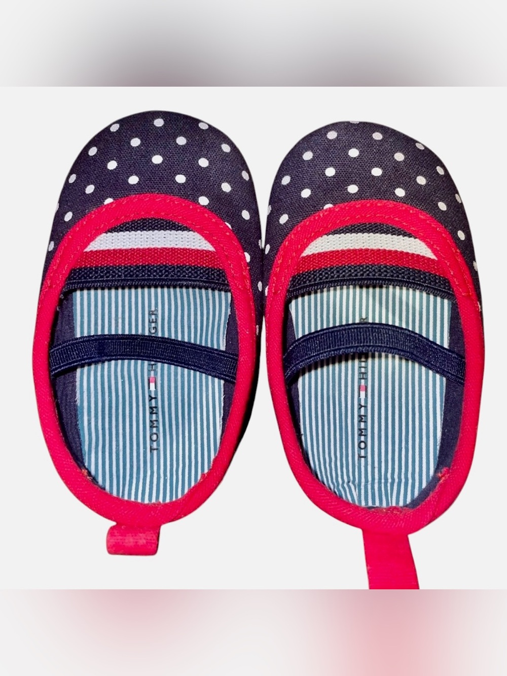 NWOT Tommy Hilfiger Navy Polka Dot Mary Janes with Pink Trim 3C